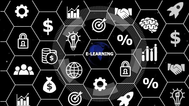 E-LEARNING in organization and business concept with consultant presenting icons of strategy,Exchange traded fund stock market trading investment financial concept.financial icons, 4k motion video