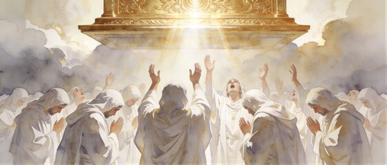 Obraz premium Group of men and woman in white robe worshipping under golden light from heaven. Biblical rapture and ascension scene. Banner with copy space