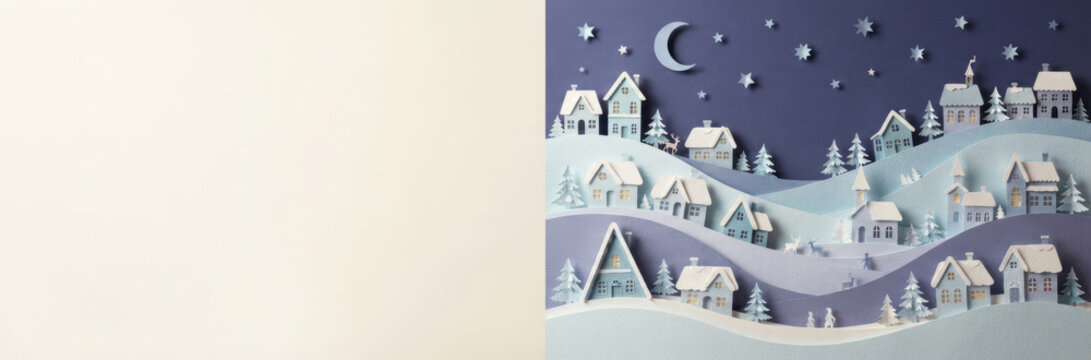 Paper craft winter landscape with village houses and moon in night sky. Christmas banner with hills, pine trees and star. Holiday greeting card composition with empty copy space.