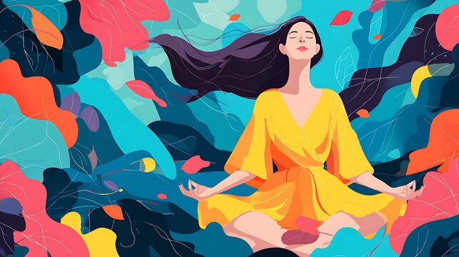 Woman in yellow dress sitting on colorful geometric patterned floor with abstract background
