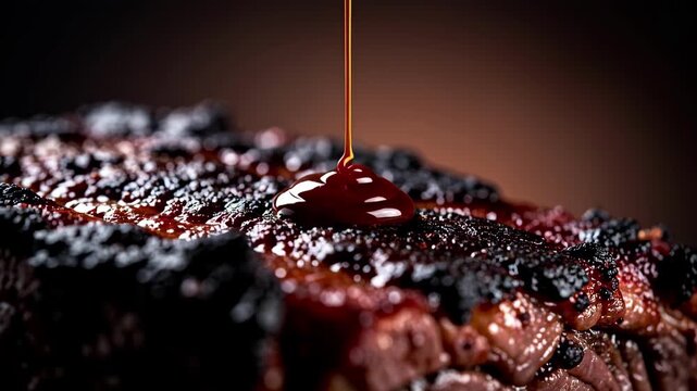 Rich sauce pouring over grilled steak.