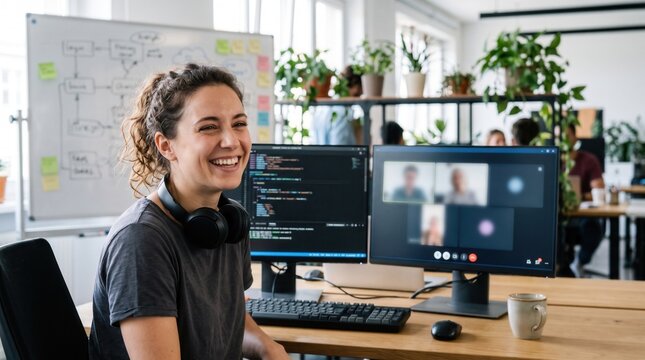 A happy woman programmer working on a computer in a modern office