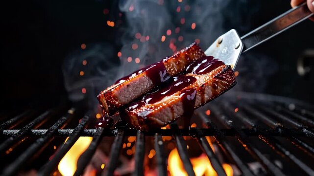Sizzling Steak on Charcoal Grill.