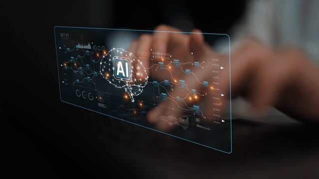 AI neural network and data processing system visualizing artificial intelligence with brain structure, chip, and connected data blocks for computation and learning Marrow
