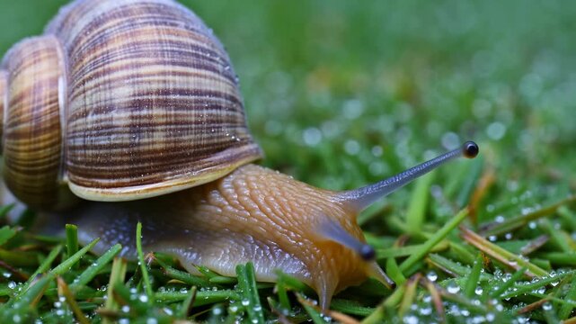 Close-up land snail crawling across dew covered grass with eyestalks extended, banded spiral shell shining with droplets, soft natural light, low ground view, with snail, shell, crawling, grass detail