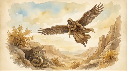 Obraz premium Winged hooded angel flying over rocky desert landscape with serpent. Biblical apocalypse illustration depicting spiritual battle. Religious art showing divine power and ancient prophecy.