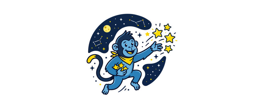 Cartoon monkey reaching for stars in night sky