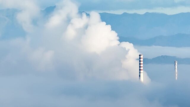 Aerial view of industrial smokestacks emitting thick smoke into the atmosphere above a layer of low clouds in Brazil. Time lapse.