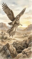 Obraz premium Woman angel with wings flying over a desert landscape with a snake hidden in rocks. Biblical apocalypse narrative illustration. Celestial messenger representing divine judgment and hope.