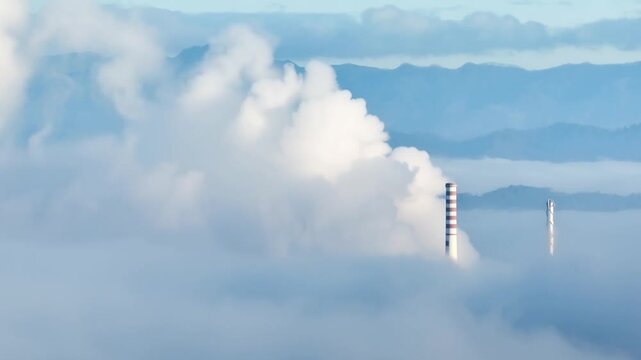 Aerial view of industrial smokestacks emitting thick smoke into the atmosphere above a layer of low clouds in Brazil. Time lapse.