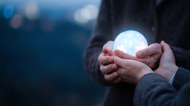 Supportive hands gently cradle a glowing blue orb, casting a hopeful light on a shared future, symbolizing protection, collaboration, and the power of connection in the dark