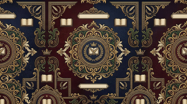 Vintage seamless pattern with golden baroque ornaments and open book illustrations on dark blue leather background.