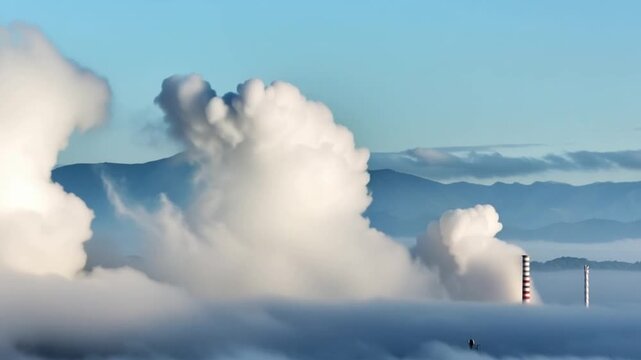 Aerial view of industrial smokestacks emitting thick smoke into the atmosphere above a layer of low clouds in Brazil. Time lapse.