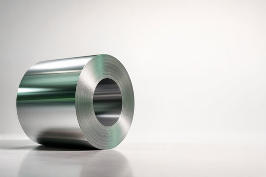 Polished steel coil with green iridescent sheen on white studio surface symbolizing low-carbon hydrogen smelted steel sustainable manufacturing premium industrial material with copy space