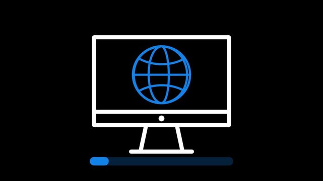 Animation of computer monitor with globe and loading progress bar on transparent background, alpha channel