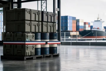 Domestic supply priority stack of sealed military crates and fuel barrels with flag security band in minimalist warehouse port emphasizing resource nationalism economic sovereignty export restrictions © Bartek