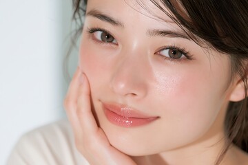 Obraz premium 透明感溢れる素肌が美しい笑顔の日本人女性クローズアップポートレート