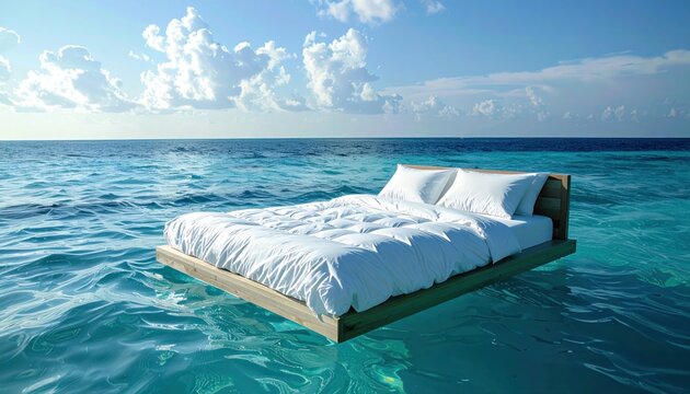Floating bed on turquoise tropical ocean under clear blue sky.