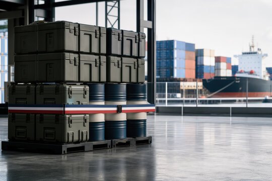 Domestic supply priority stack of sealed military crates and fuel barrels with flag security band in minimalist warehouse port emphasizing resource nationalism economic sovereignty export restrictions