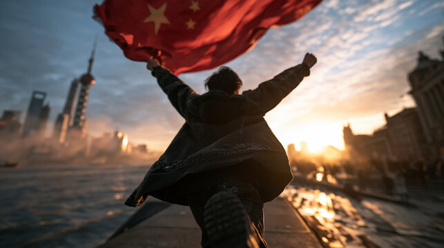 Person Waving Chinese Flag at Sunset Over Shanghai Skyline