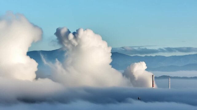 Aerial view of industrial smokestacks emitting thick smoke into the atmosphere above a layer of low clouds in Brazil. Time lapse.