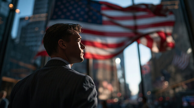 Young Businessman Standing in Front of American Flag in City