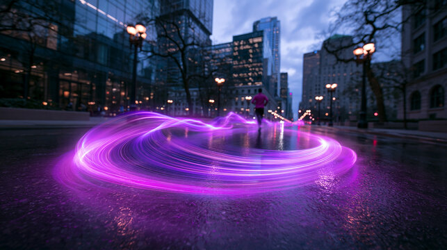 Runner Training on City Street at Night with Light Trails