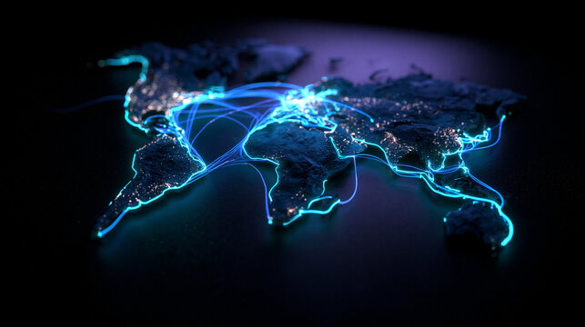 Digital World Map with Glowing Global Network Connections
