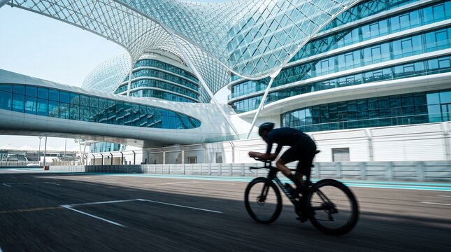 Cyclist Riding Road Bike near Futuristic Modern Architecture