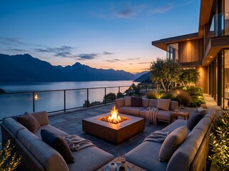 Fototapeta premium 湖畔の絶景テラスで炎が揺らめく贅沢な夜景リゾート空間