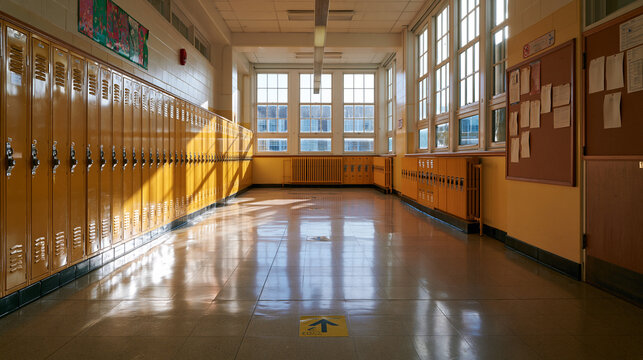 Empty School Hallway with Yellow Lockers and Sunlight