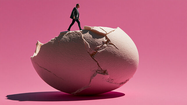 Businessman Walking on Giant Cracked Eggshell Representing Risk