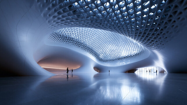Futuristic Modern Architecture Interior with Parametric Curved Ceiling Skylight