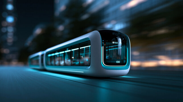Futuristic Autonomous Tram Moving Through Modern City at Night