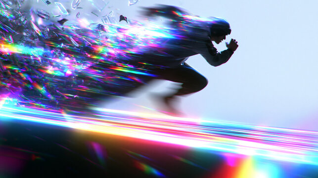 Futuristic Silhouette of Runner Sprinting with Prismatic Light Trail