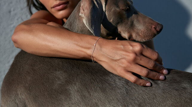 Woman Hugging Weimaraner Dog Wearing Delicate Silver Bracelet