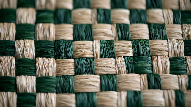 Woven Natural Straw Fiber Texture with Green Checkered Pattern