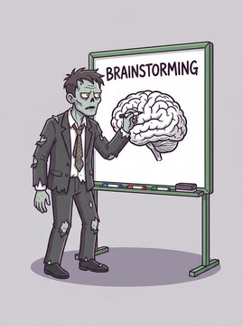 Humorous corporate Halloween concept illustration of a zombie leading a brainstorming session, symobilzing corporate humor