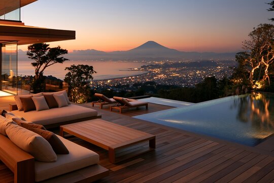 富士山と夜景広がる豪華プールテラスでリラックス