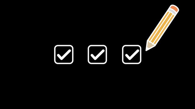 Animated checklist icon with pencil marking checkboxes, symbolizing task completion and progress, isolated on transparent background.