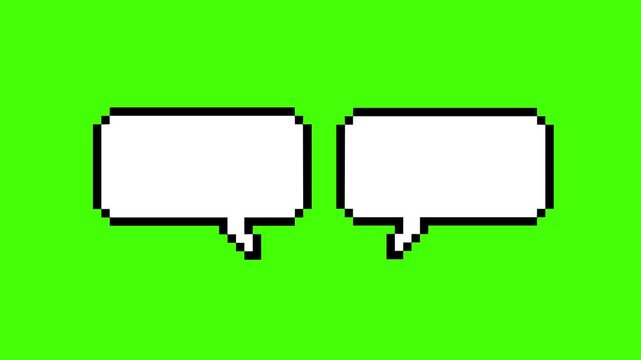 Pixel art speech bubbles animation, two empty chat boxes for dialogue, retro video game style message frames on green screen background