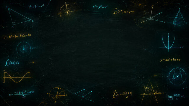Glowing cyan and gold math formulas, geometry and graphs on a dark chalkboard with large copy space. Futuristic STEM education background for school, science and academic design.