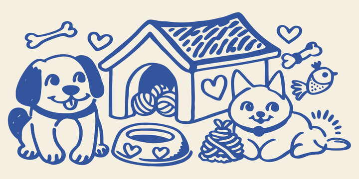 Hand drawn blue line art scene depicting a dog cat fish doghouse and associated pet items bone bowl food animal canine feline aquatic