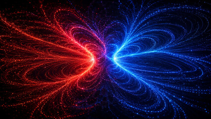 Fototapeta premium Dynamic red and blue particle energy streams colliding on a dark futuristic background. Cinematic abstract tech banner for AI, data, cyberspace, competition and digital design.