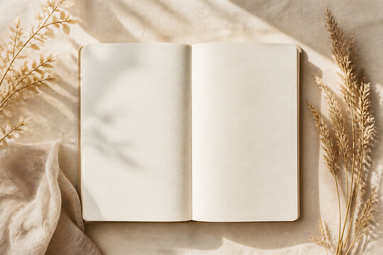 An open, blank notebook rests on a light-colored fabric surrounded by dried grasses and dappled sunlight.