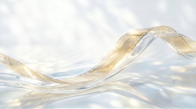 Translucent wavy film strip lying on reflective surface. Abstract background depicting cinematic art. Creative visual representation for film festival and movie industry concept.