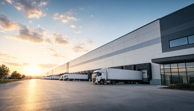 Large distribution warehouse facility with row of semi trucks loading at bay doors at dawn warehouse logistics distribution shipping facility transport delivery terminal semitrailer