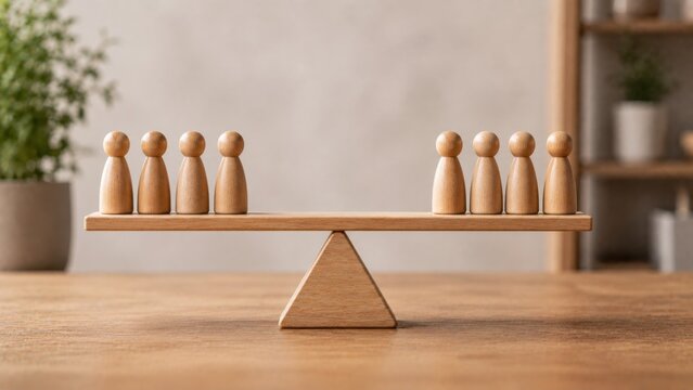 A group of wooden human figures balanced on a seesaw, representing equality.