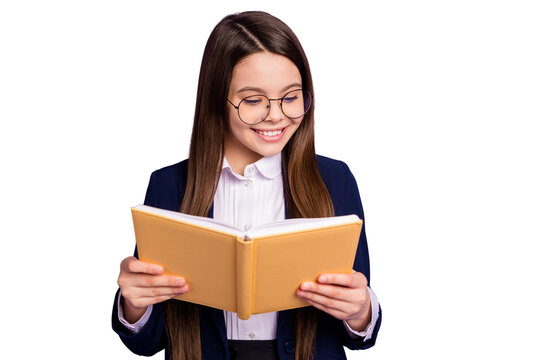 Close-up portrait of her she lovely focused brainy long-haired pre-teen girl schoolchild reading home task homework diary isolated bright vivid shine vibrant lilac violet color background