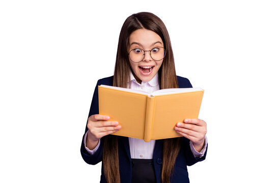 Close-up portrait of her she lovely cheerful amazed genius brainy long-haired girl reading home task homework interesting story novel isolated bright vivid shine vibrant lilac violet color background